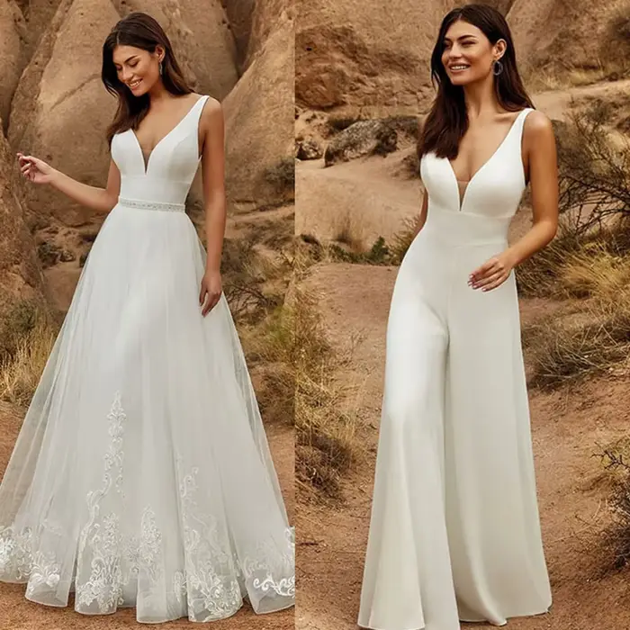 Combinaison de mariage 2 en 1 avec jupe détachable, deux pièces, robes de mariée, pantalon, costume 