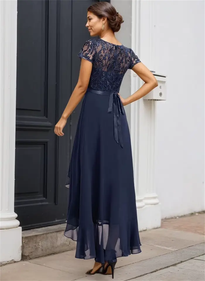 Robes de Soirée Courtes en Chiffon Noir pour Mère de la Mariée, Manches Courtes, pour Femme, Été 2026, Nouveauté, Robe de Plage SEM0010