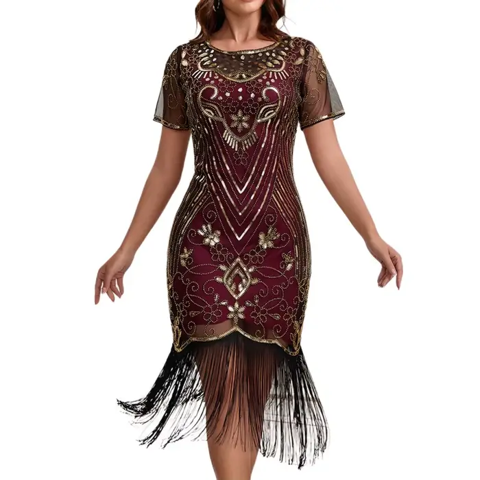 Robe de soirée style Charleston des années 20, ornée de perles, de paillettes et de franges, pour cocktail ou fête