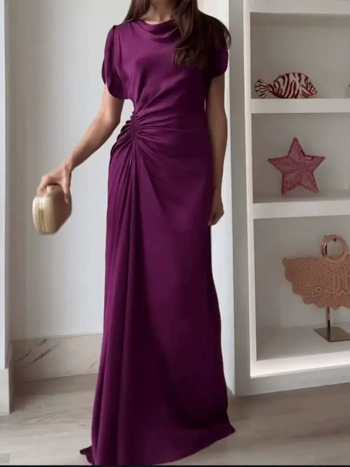 Robe ELSVIOS élégante et décontractée pour femmes, col rond, coupe cintrée, polyester uni, longue, occasions spéciales printemps été