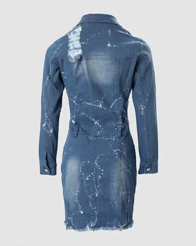 Robe en denim high street à manches longues et col rabattu avec ourlet déchiré et éclaboussures d'encre pour femmes, mini robe pour toutes les occasions spéciales