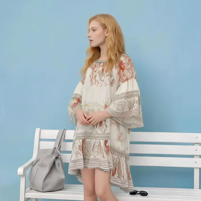 Robe midi ample à manches longues pour femmes imprimé floral tendance 2026 avec volants élégantes pour occasions spéciales été style décontracté