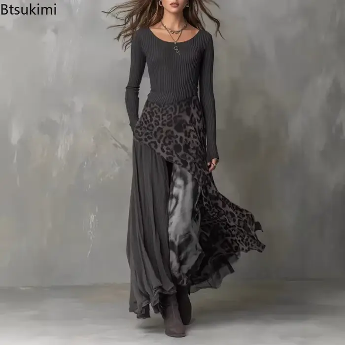 Robe longue élégante pour femme à imprimé léopard et empiècements, taille haute, pour soirées, printemps-automne, à manches longues et volants, style maxi occasions spéciales
