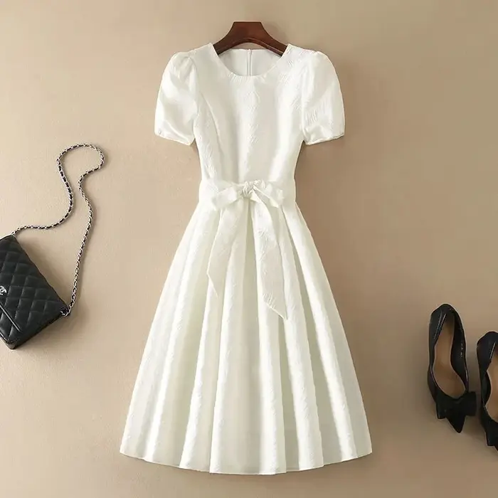 Robe de bureau Beige élégante pour femmes, col rond, ligne a, nœud à lacets, manches courtes, mi-mollet, vêtements pour femmes, mode 2026