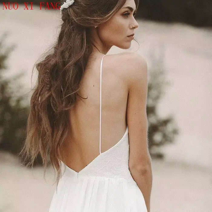 Robe de Mariée Sexy en Mousseline de Soie, Tenue de Plage, Col en V, Dos aux, Bretelles Spaghetti, Style Boho, pour Patients, Bon Marché, 2022