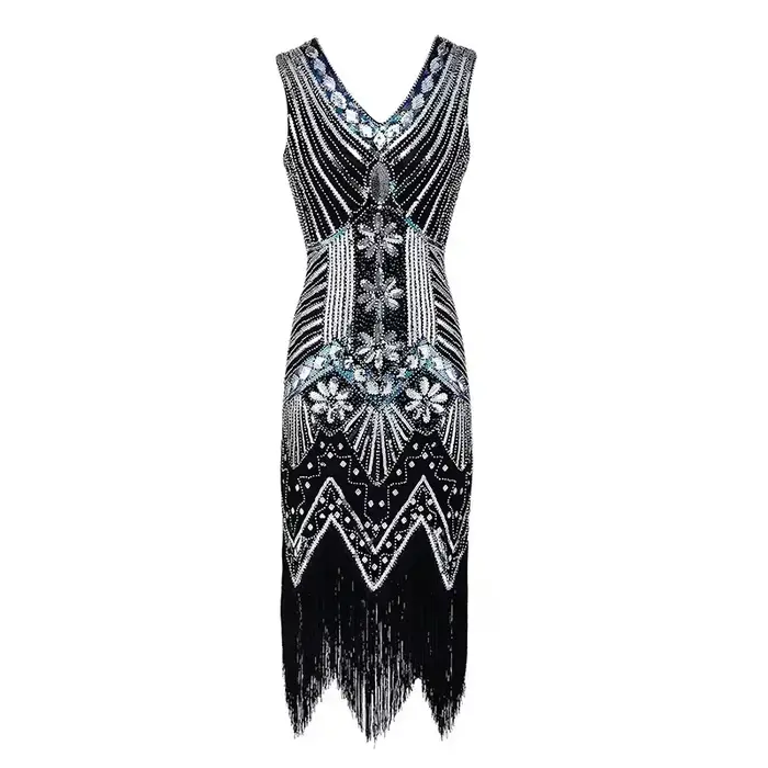 Robe à clapet vintage des années 1920 en polyester pour femmes grande taille, grande danse, soirée de bal, charleston, pompon et paillettes