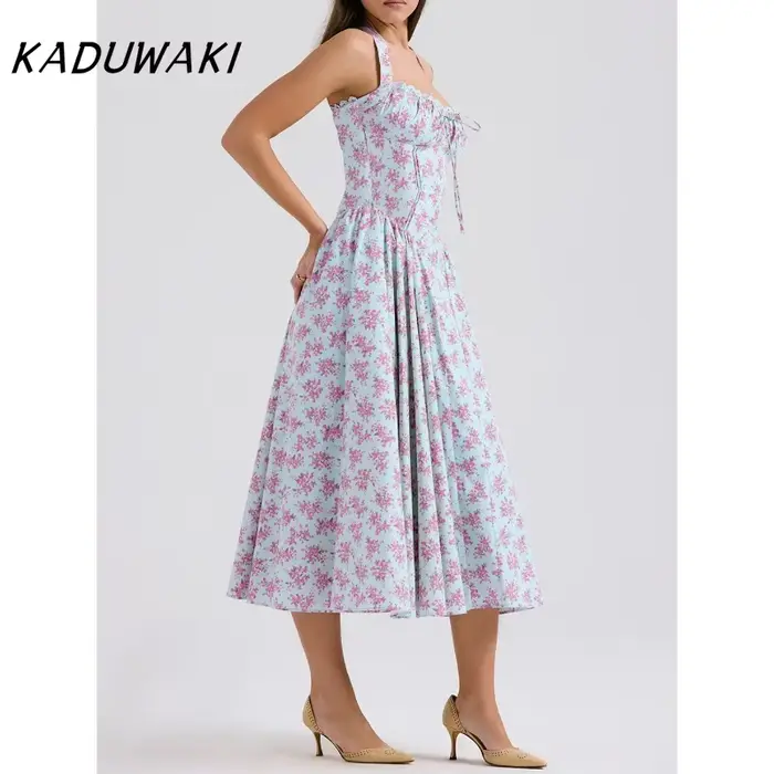 Robe midi KADUWAKI d'inspiration bohème à imprimé floral rose pour femme, sans bretelles, avec fente latérale, corset, robes d'été élégantes pour femmes, robes de soirée