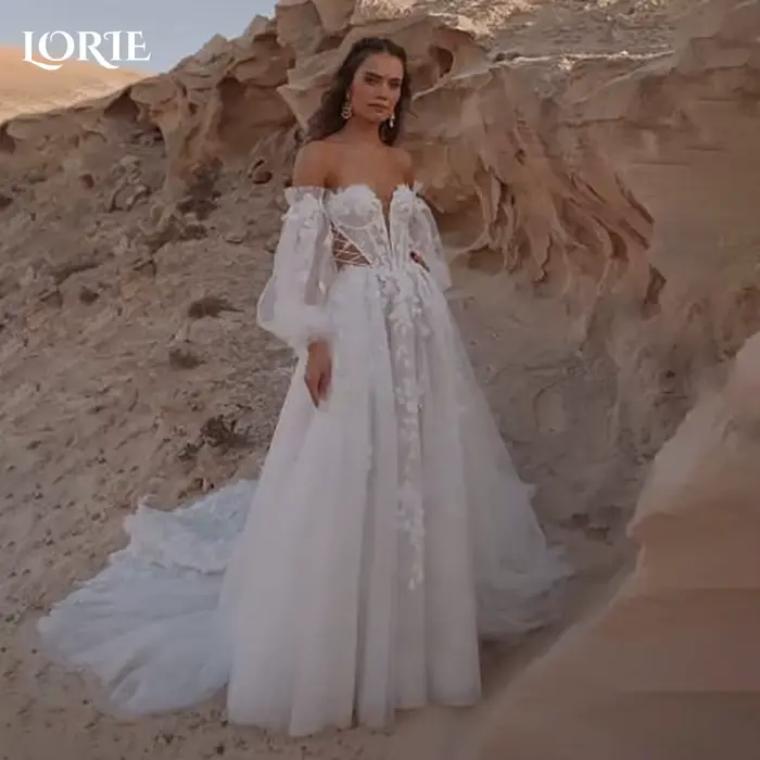 LORIE – robe de mariée à paillettes, manches bouffantes, dentelle, fleurs 3D, épaules dénudées, en T