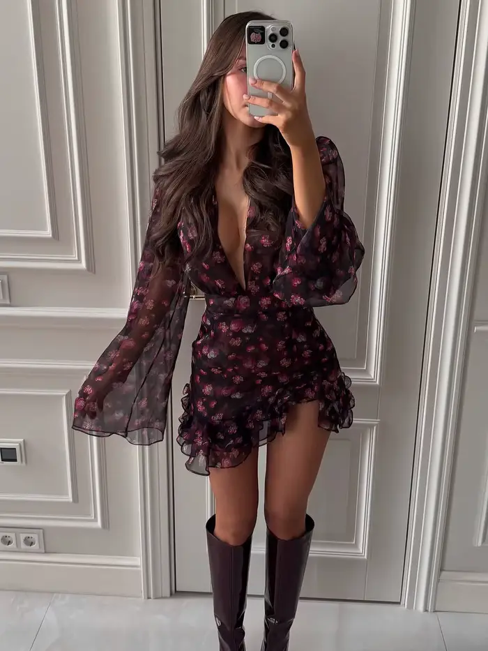 Robe élégante imprimée en dentelle patchwork pour femme, col en V profond, manches mi-longues, taill