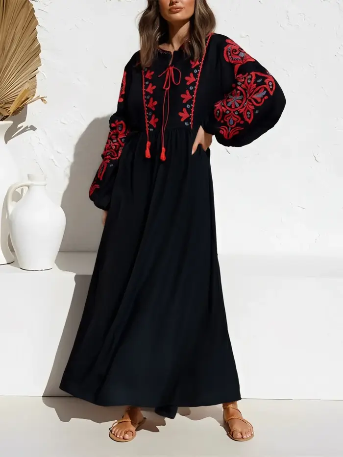 Robe maxi bohème à manches lanterne pour femmes