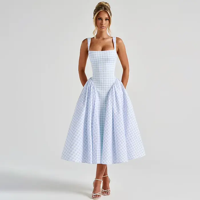 Robe midi sans manches à col carré en gingham pour femme, style décontracté, élégante, pour l'été, p