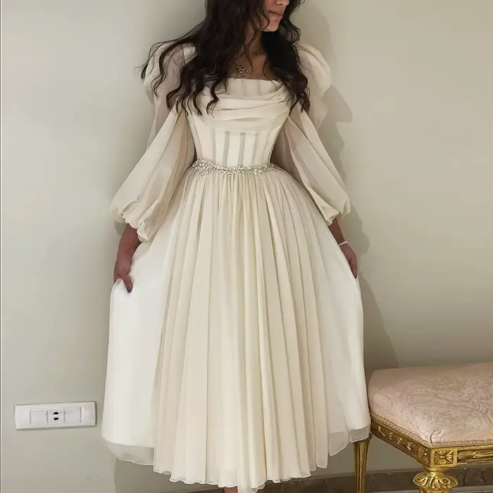 Sharon Said dubaï Beige robe de soirée courte avec ceinture manches longues thé longueur femmes robes