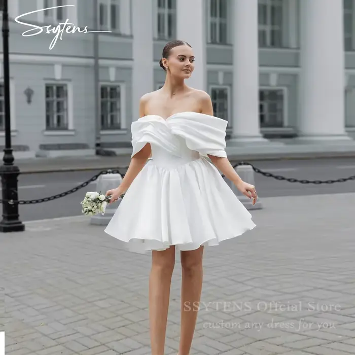 SSYTENS – robe de mariée blanche, ligne A, plissée, au-dessus du genou, dos nu, épaules dénudées, ro