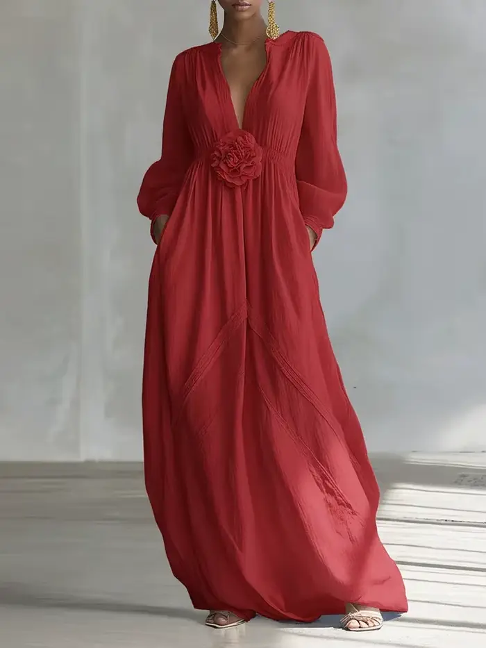 Robe longue bohème pour femme, col en V, manches longues, motif floral 3D, couleur unie, élégante et
