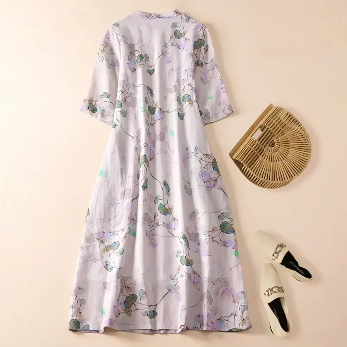 Robe ample en coton et lin imprimé pour femmes
