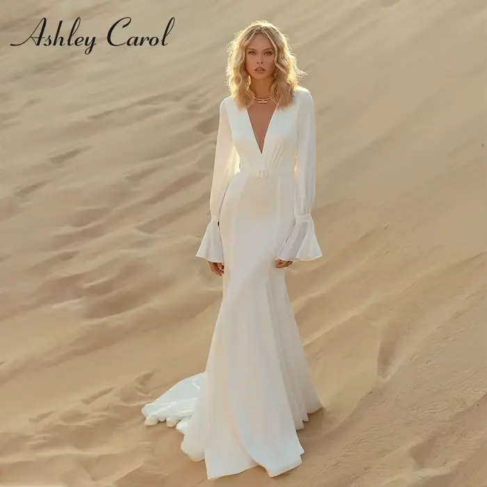 Ashley Carol-Robe de mariée sirène en mousseline de soie, col en V profond, manches longues, robe pl