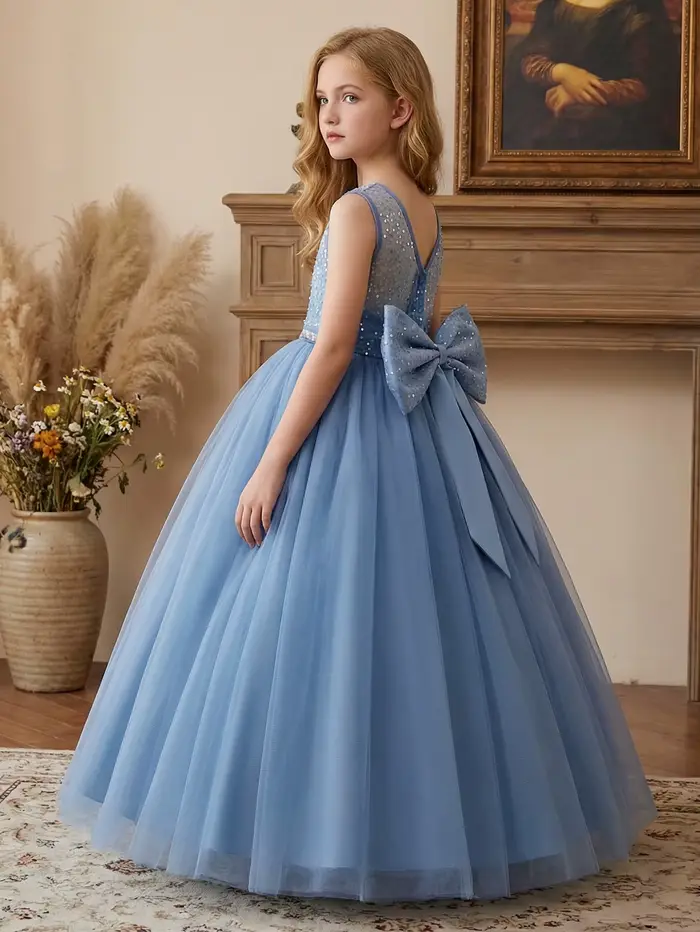 Robe de soirée longue gris-bleu pour filles avec grand nœud et col en V – Une magnifique robe de soi