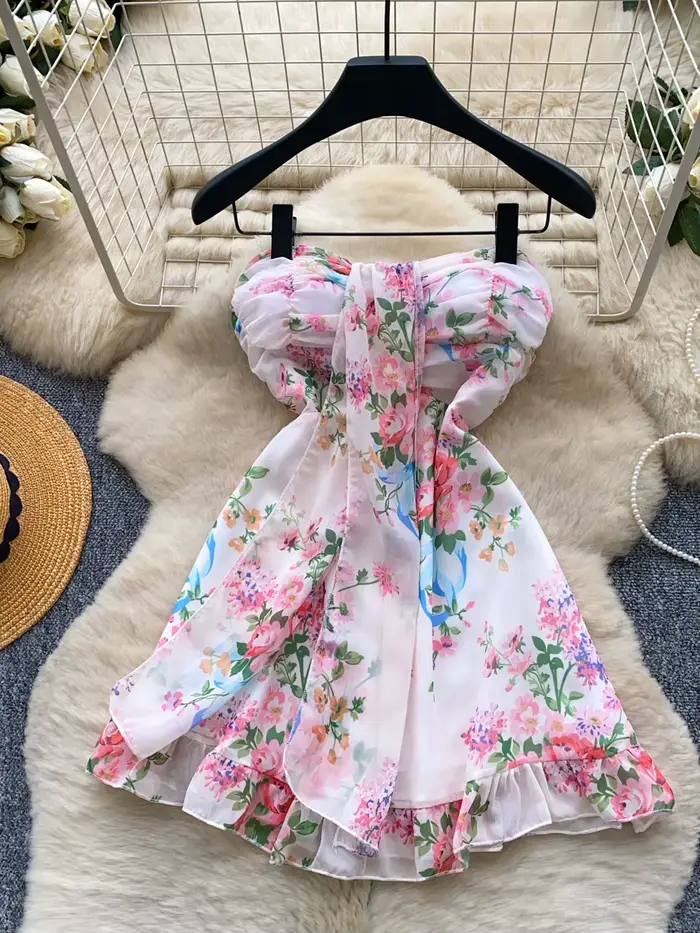 Robe Courte Femme Style Vacances Françaises Imprimé Floral Bandeau Dos Nu Taille Haute Sexy Style Co
