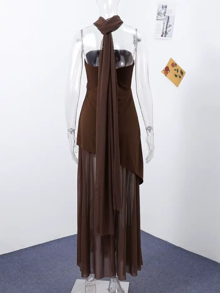 Élégant robe longue sans bretelles femmes Sexy Patchwork maille sans manches Sacrf robes femme 2025 printemps