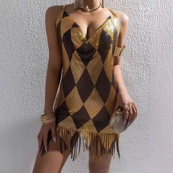 AKYZO robe de mode populaire, jupe à bretelles à paillettes métalliques, jupe à franges patchwork, robe de soirée, robe de fille épicée