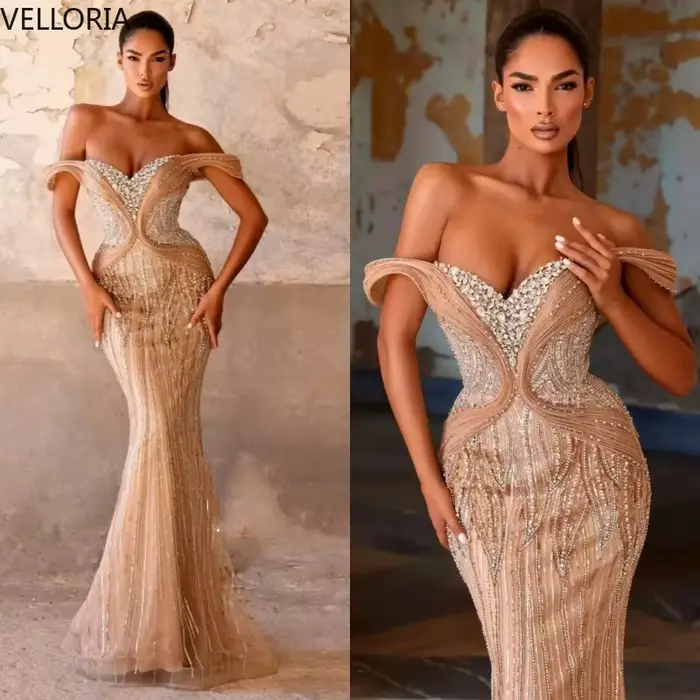 Robe sirène Champagne élégante, épaules dénudées, robe de soirée perlée, longue traîne, réception de