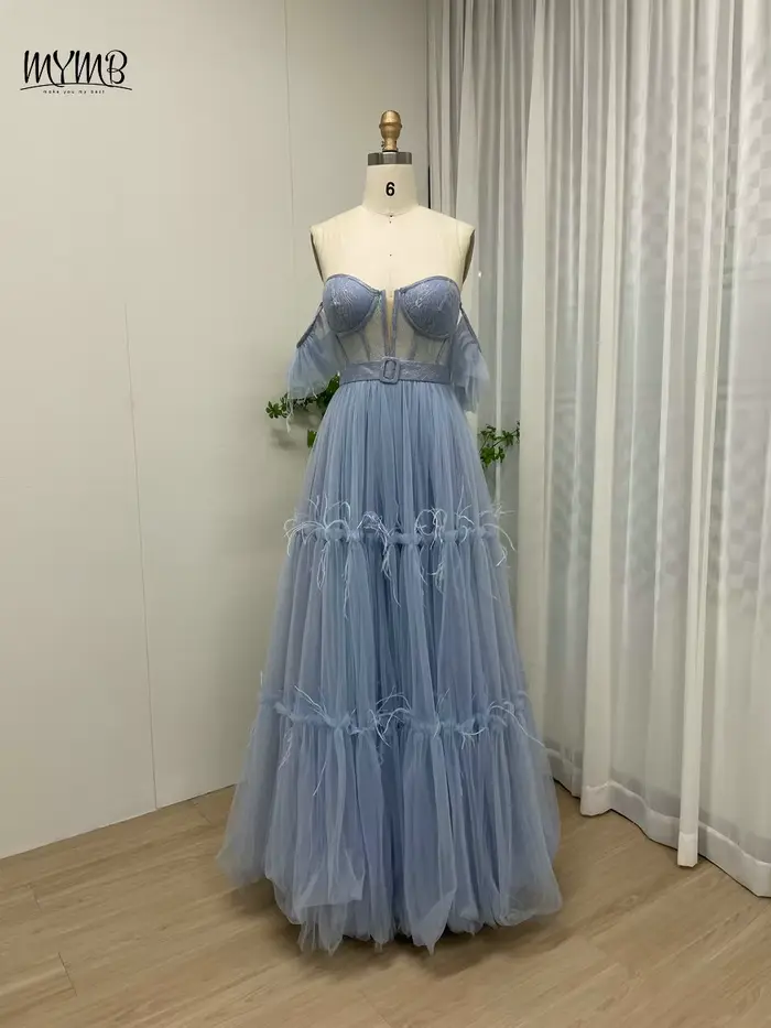 MYMB élégant bleu a-ligne robes de demoiselle d'honneur pour la fête de mariage hors épaule soirée G
