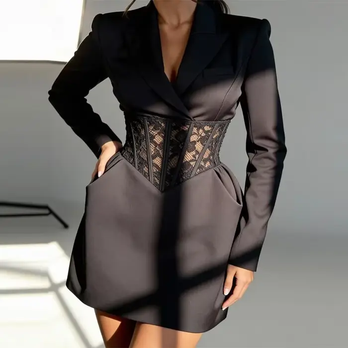 Robe Blazer noire en dentelle Patchwork