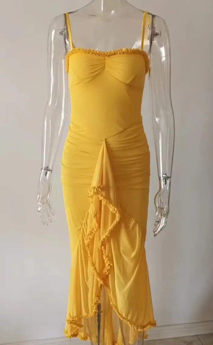 Robe Maxi plissée jaune à volants irréguliers pour femmes, Sexy, sans manches, dos nu, Slim, Robes d