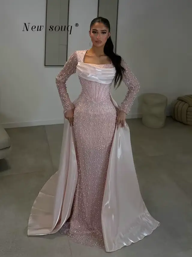 Robes de bal arabes marron chocolat à manches longues avec jupe brillante