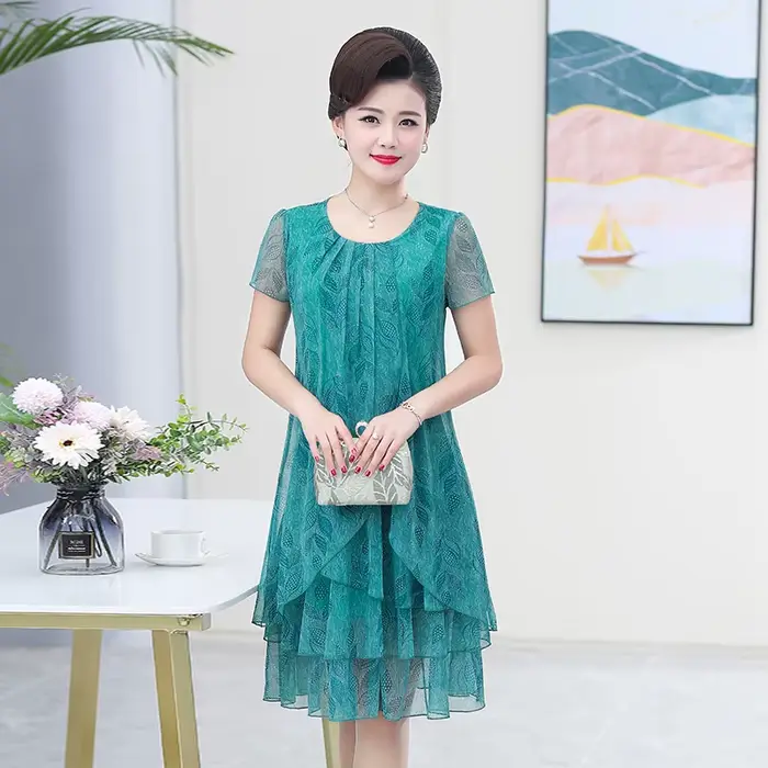 Robe d'été décontractée à manches courtes col rond imprimé floral volants cascade silhouette robe de bal pour femmes occasions spéciales