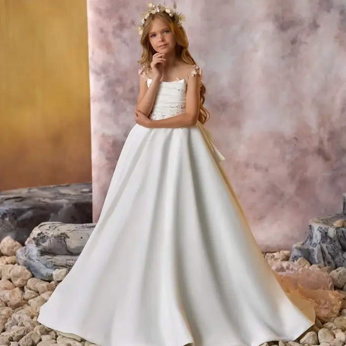 Robe à fleurs blanches élégante pour filles premier communion mariage anniversaire occaions spéciales demoiselle d'honneur tulle perles cristal volants