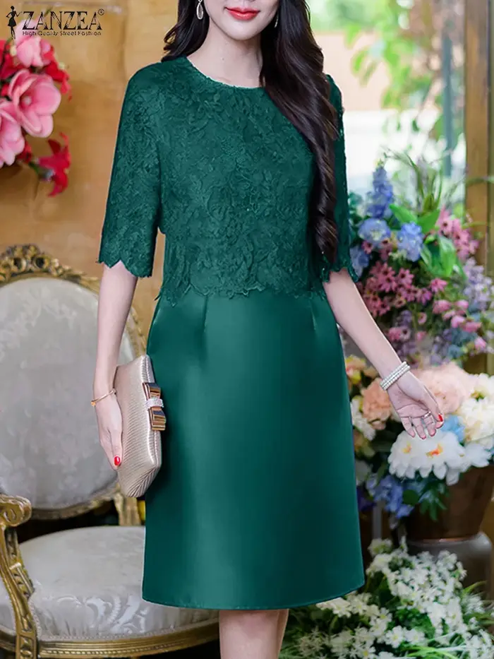 Robe élégante en polyester avec dentelle pour femmes, style bureau-dame, longueur aux genoux, col rond, fermeture éclair, occassions spéciales