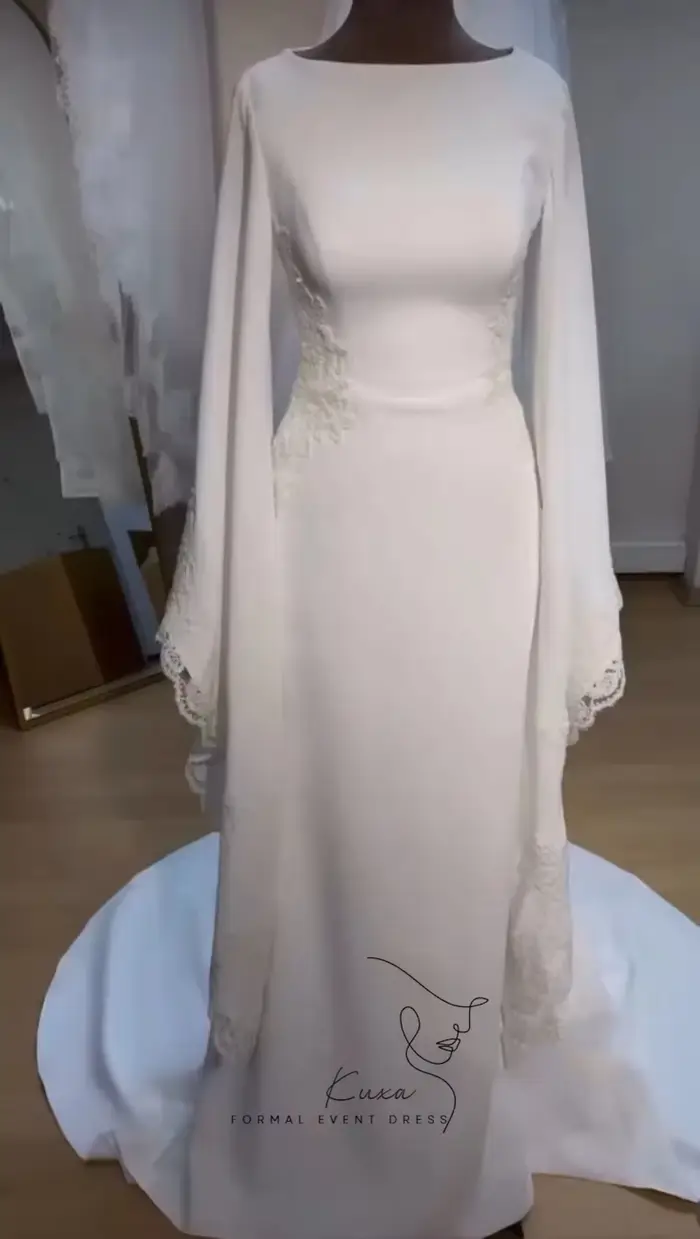 Robe de mariée KUXA en dentelle avec train de cour, silhouette une ligne, col rond, manches longues, soutien-gorge intégré, polyester et coton, pour femmes enceintes et cérémonies traditionnelles musulmanes