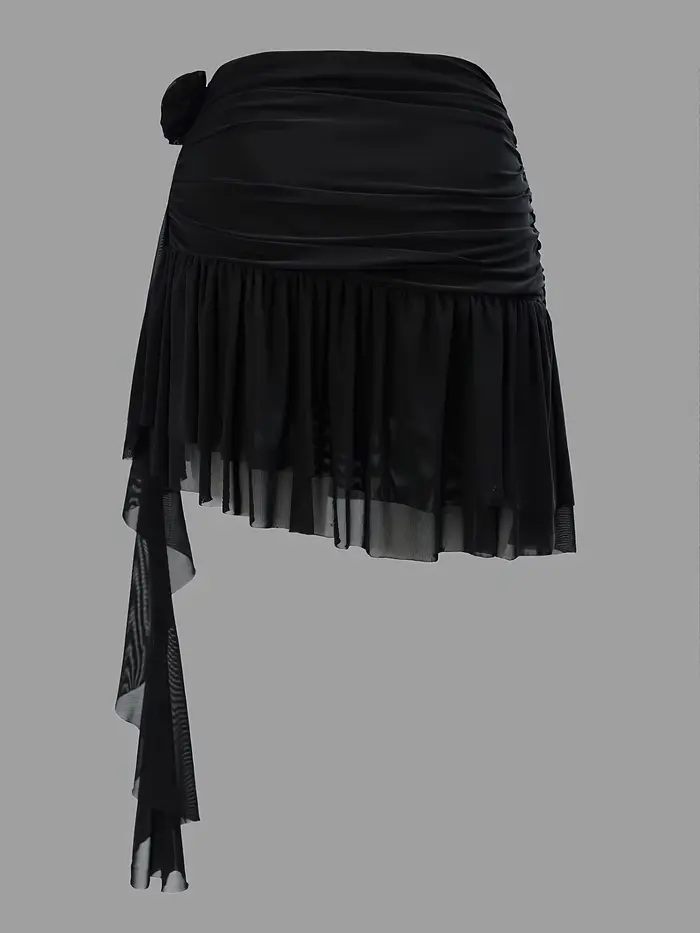Robe mi-longue noire élégante à fleurs semi-transparente pour femme
