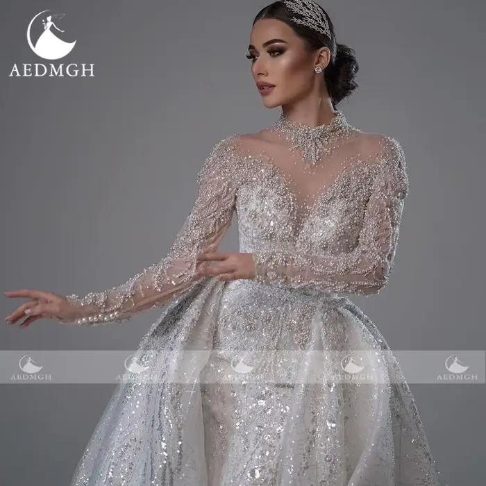 Aedmgh sirène robes De mariée Sexy col haut robe De Novia dentelle broderie détachable Train Vintage sur mesure