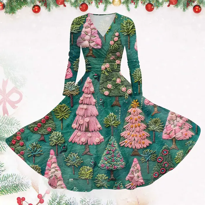 Robe Pinup Imprimée de Noël Polyester Elégante pour Femmes Occasions Spéciales Fêtes Mariages Soirées Gala