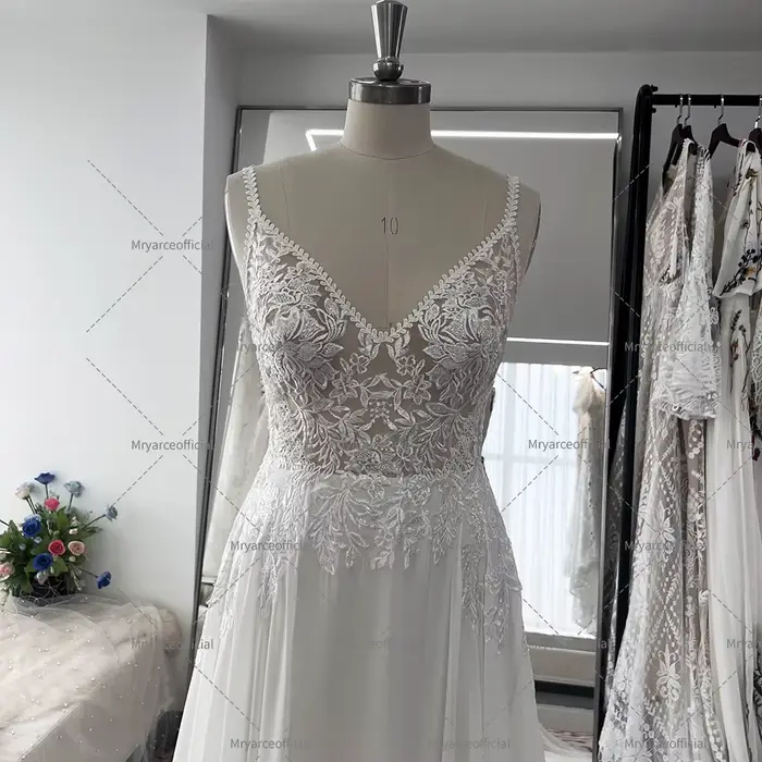 Mryarce mousseline de soie une ligne paillettes dentelle bretelles Spaghetti fluide robe de mariée robes