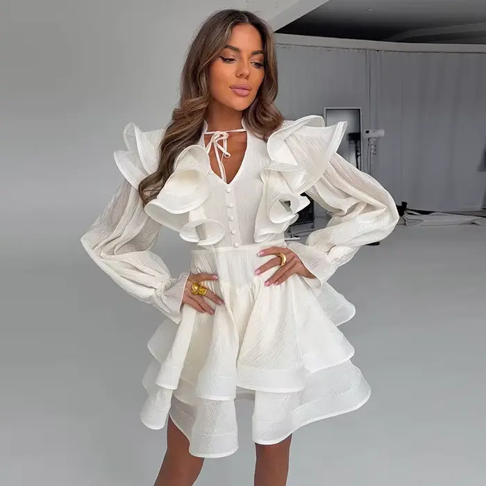 Robe Courte Femme à Volants Col V avec Nœud à la Taille Manches Bouffantes Ourlet Superposé