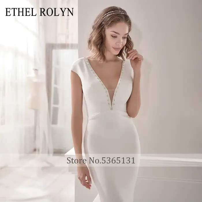 ETHEL ROLYN robe De mariée sirène élégante dos nu Satin perlé cristal col en v manches courtes robes