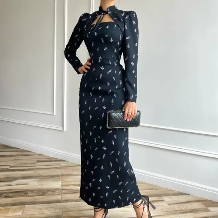 Robe à manches longues vintage polyester pour femmes, automne, bureau et soirées, élégante et confortable