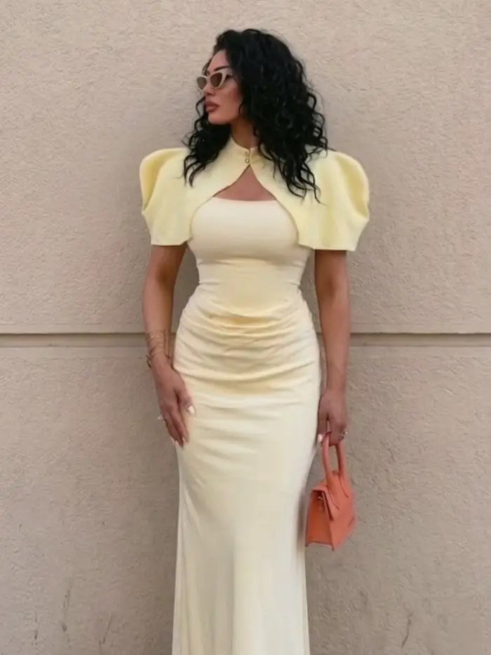Robe longue jaune 2 pièces avec manches bouffantes et taille froncée courte pour soirée de bal événements formels et remises de diplômes occaions spéciales