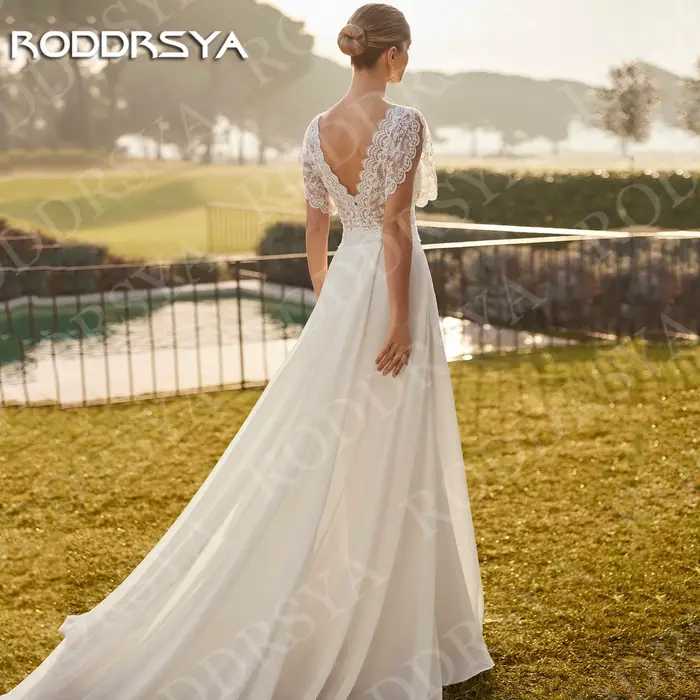 Robe de mariée bohème élégante en mousseline de soie avec train détachable pour femmes, dos nu, saisonnière, occassions spéciales