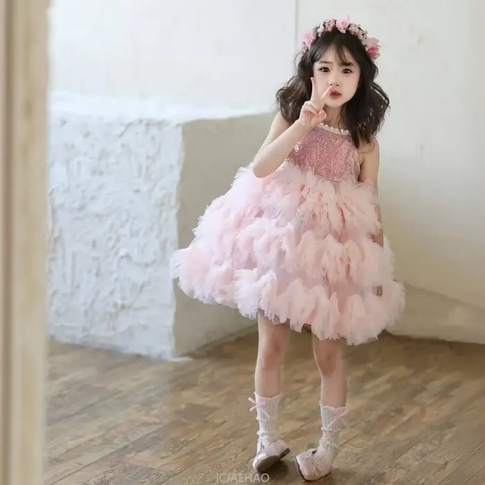Robe de mer rose sans manches robes de fille de fleur Pageant hôte Tutu