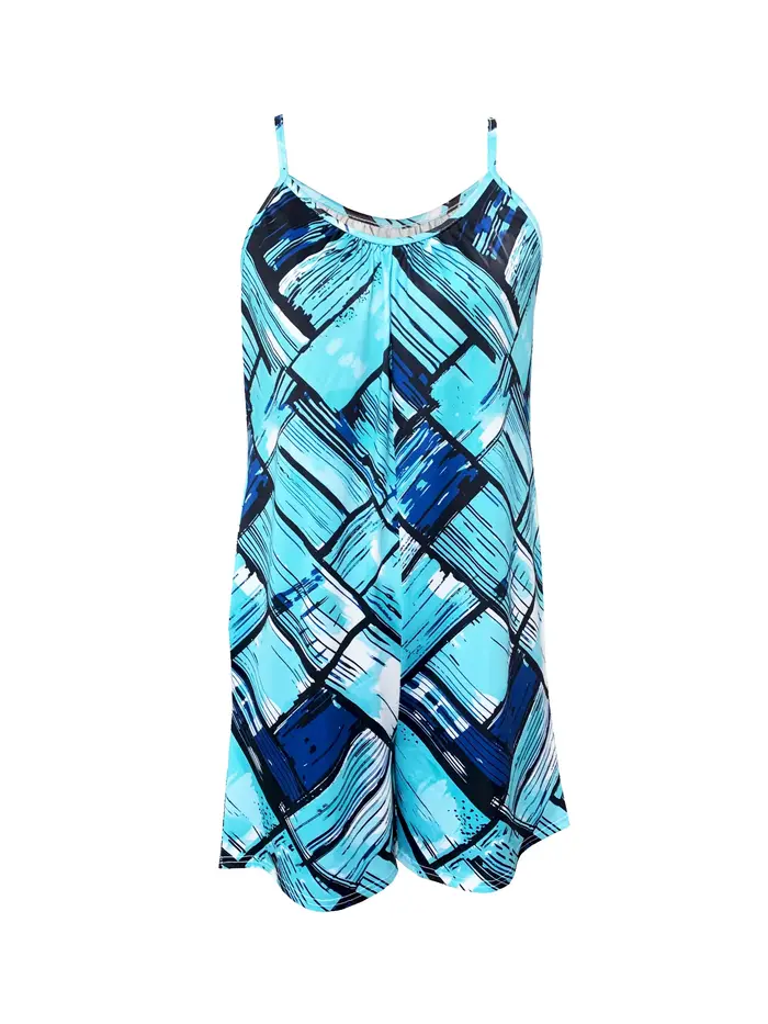 Combinaison sans manches à imprimé géométrique bleu pour femmes, tenues de vacances, combinaison décontractée d'affaires pour occasions spéciales