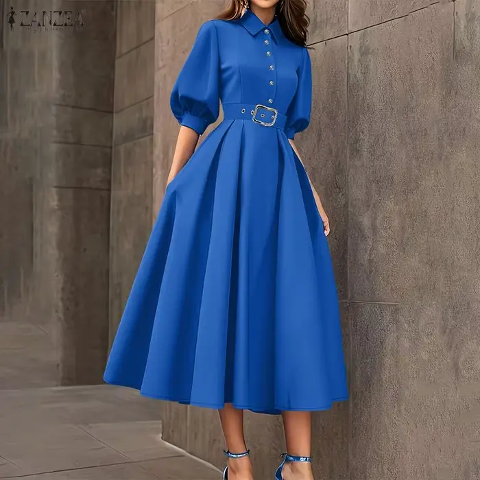 ZANZEA Robe Midi Élégante et Chic pour Femme
