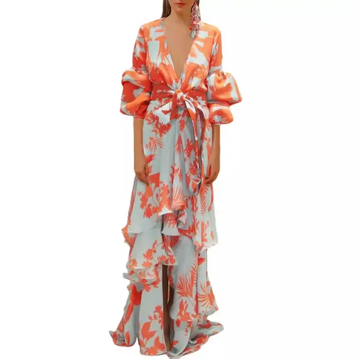 Robe longue bohème irrégulière en mousseline de soie à imprimé mode européenne et américaine