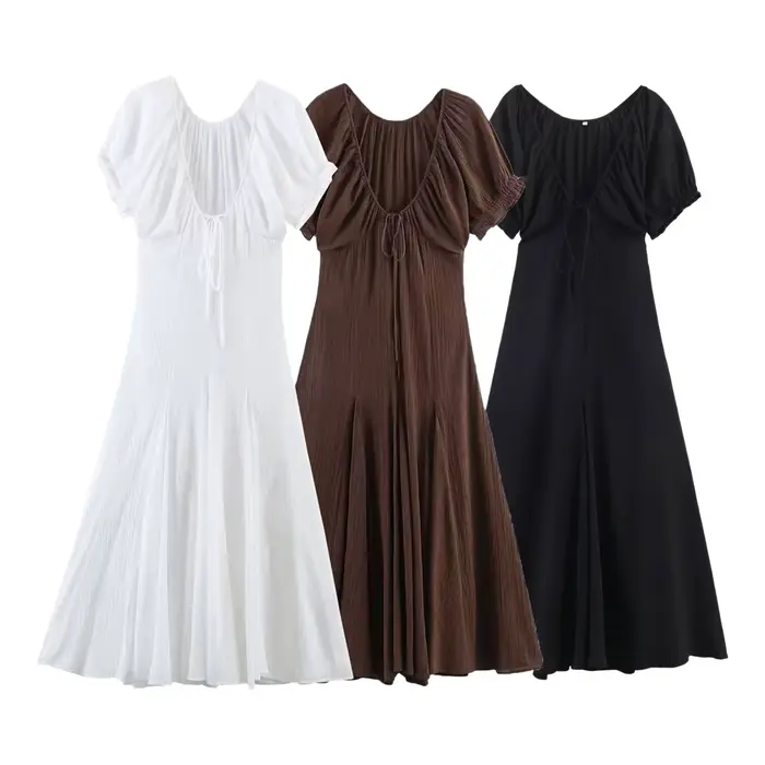 Robe midi en voile fin à col en V style français