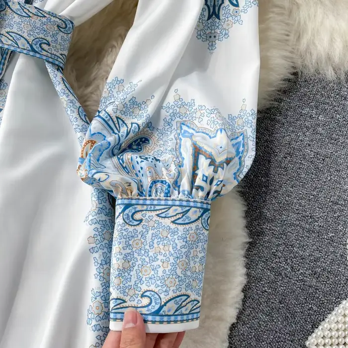 WEIN femmes bleu robe florale Vintage à manches longues printemps jupe de haute qualité formelle décontracté élégant fête anniversaire piste Vestido