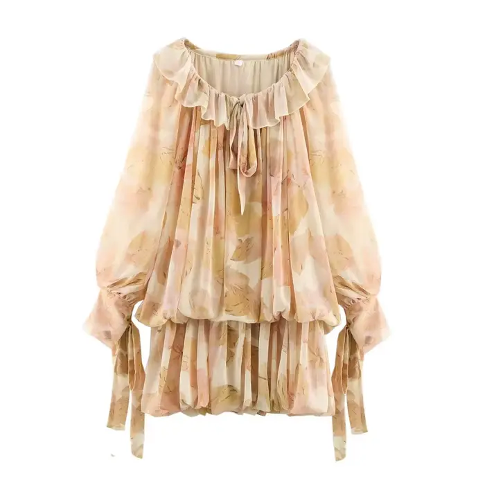 KONDALA Vintage vacances fleur imprimé femmes robe à manches longues col en V à volants Mini robe mo