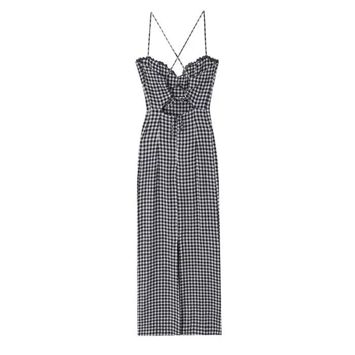 Robe midi élégante à carreaux pour femme printemps été sans manches large bretelles occassions spéciales femmes occasions hipseam polyester